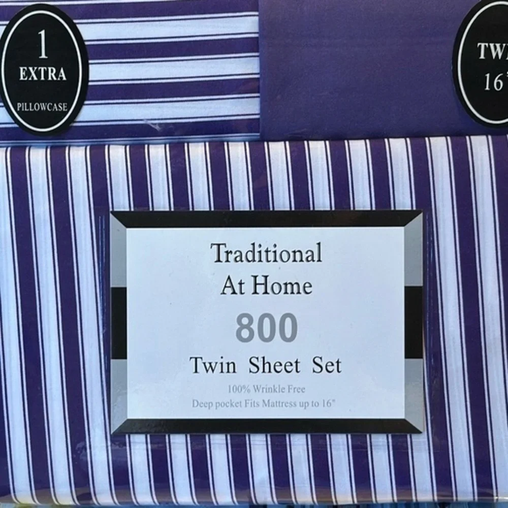 Traditional At Home 4 pc Twin Sheet Set Purple Passion and white stripes.